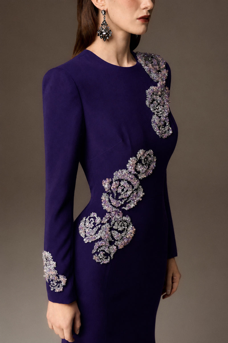 Round Neck Mermaid Gown With Rose-Shaped Crystal Embellishment In Dark Purple Crepe