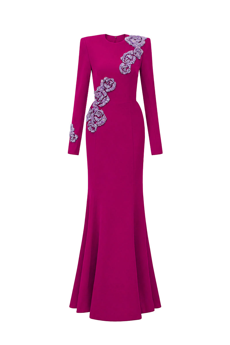 Round Neck Mermaid Gown With Rose-Shaped Crystal Embellishment In Dark Pink Crepe
