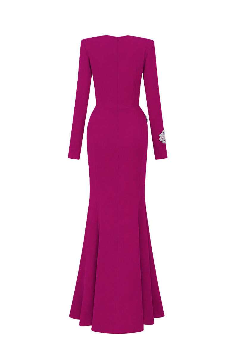 Round Neck Mermaid Gown With Rose-Shaped Crystal Embellishment In Dark Pink Crepe