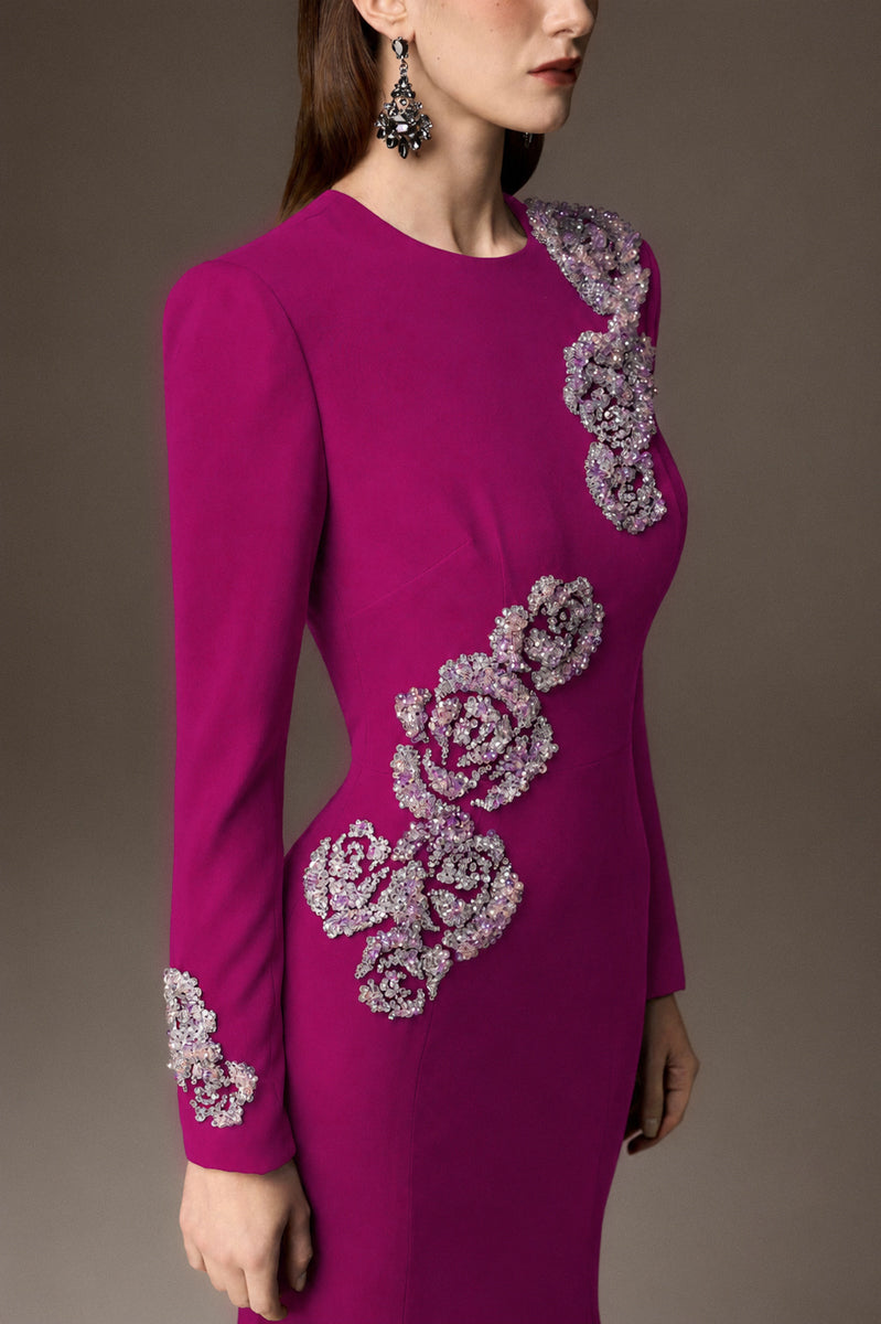 Round Neck Mermaid Gown With Rose-Shaped Crystal Embellishment In Dark Pink Crepe