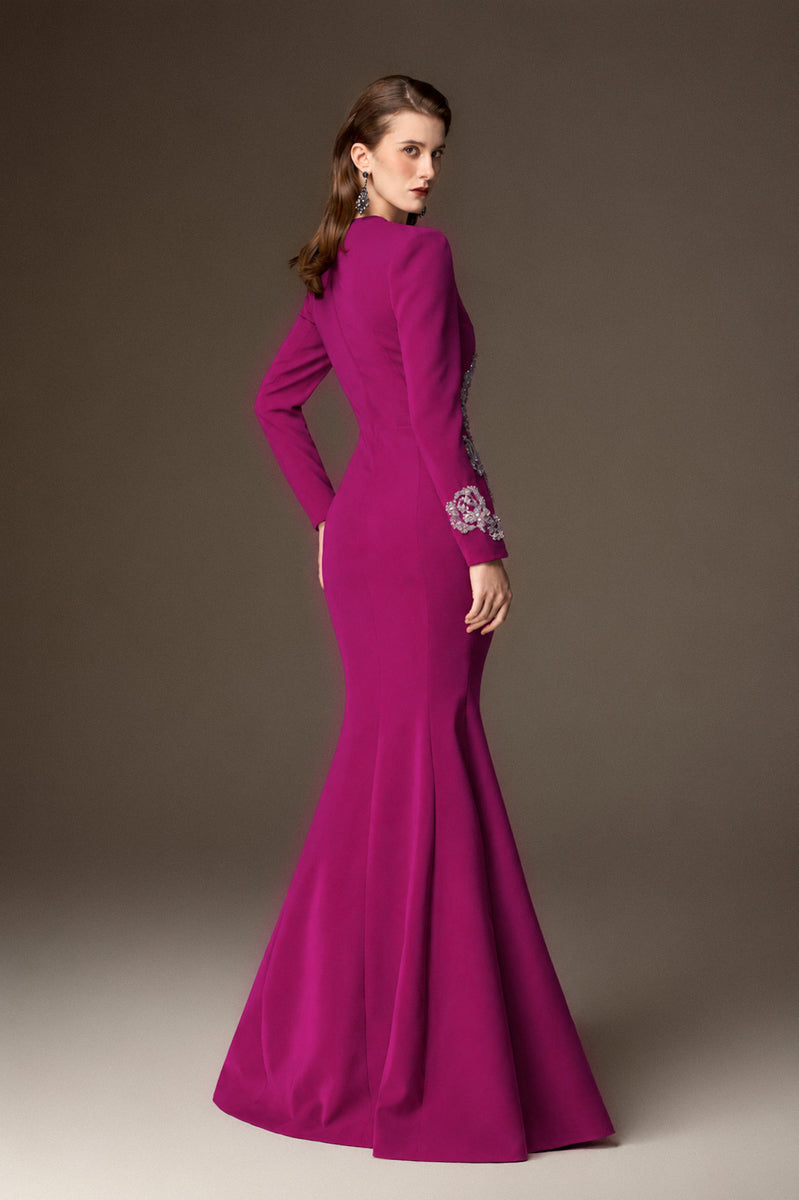 Round Neck Mermaid Gown With Rose-Shaped Crystal Embellishment In Dark Pink Crepe