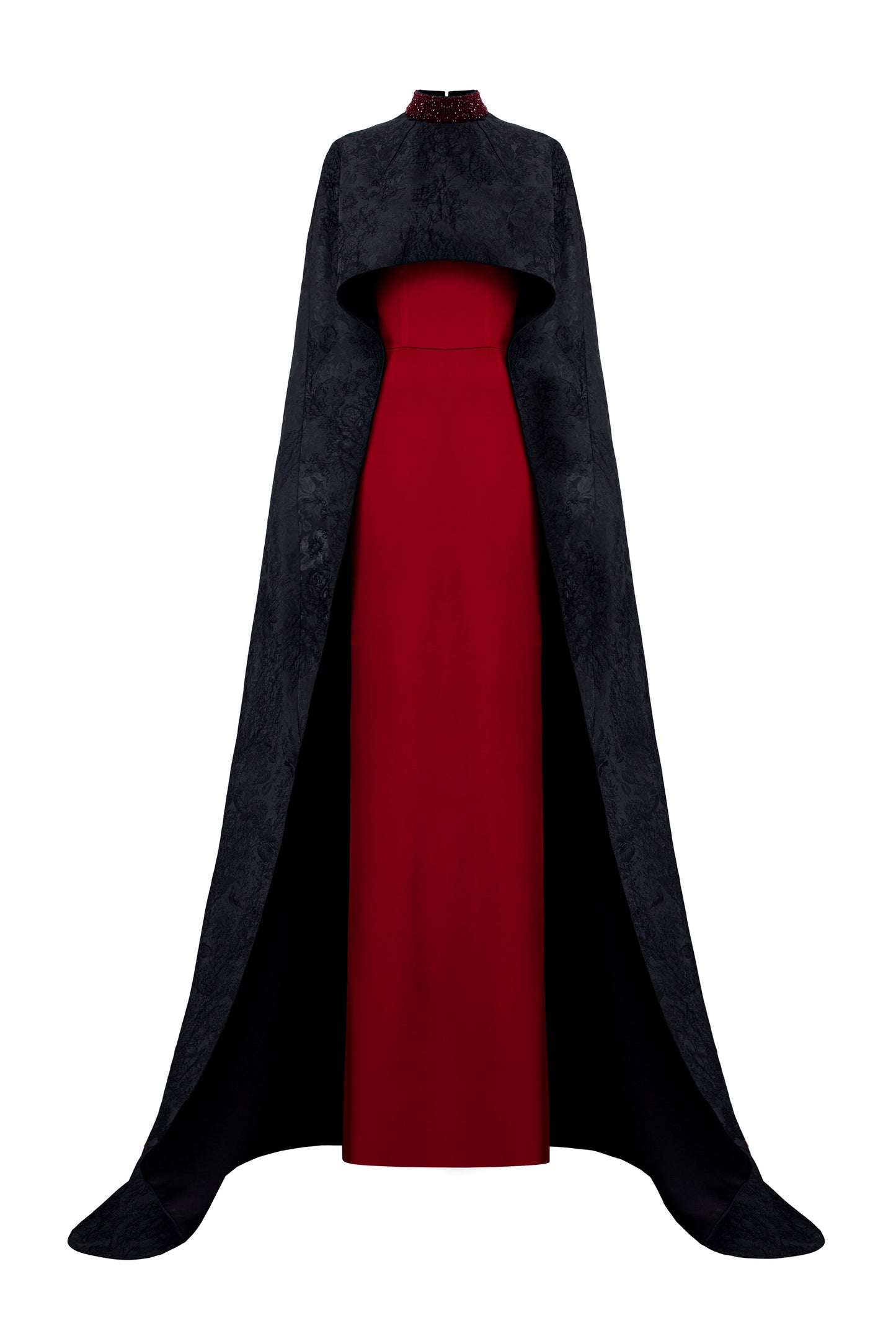 Round Neckline Sleeveless Agate Silk Gown with Rose Jacquard Long Cape