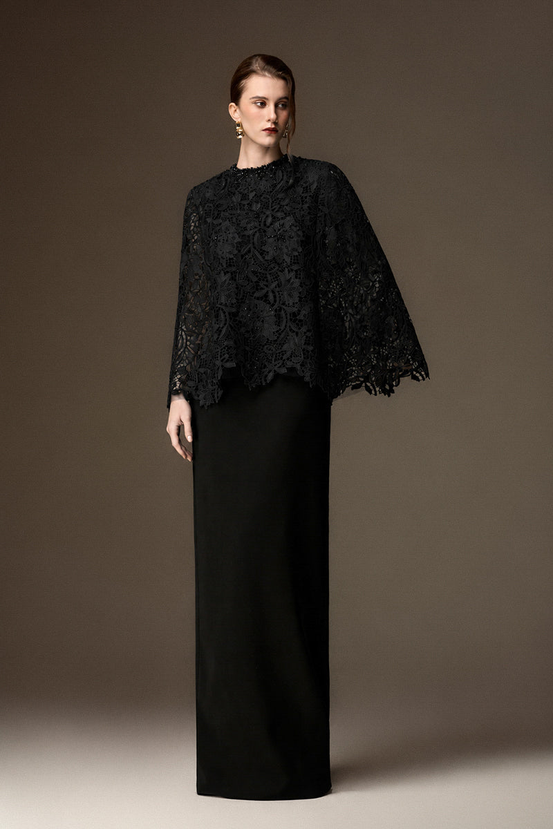 Round Neck Column Gown With Cape In Black Crepe And Black Lily Floral Lace