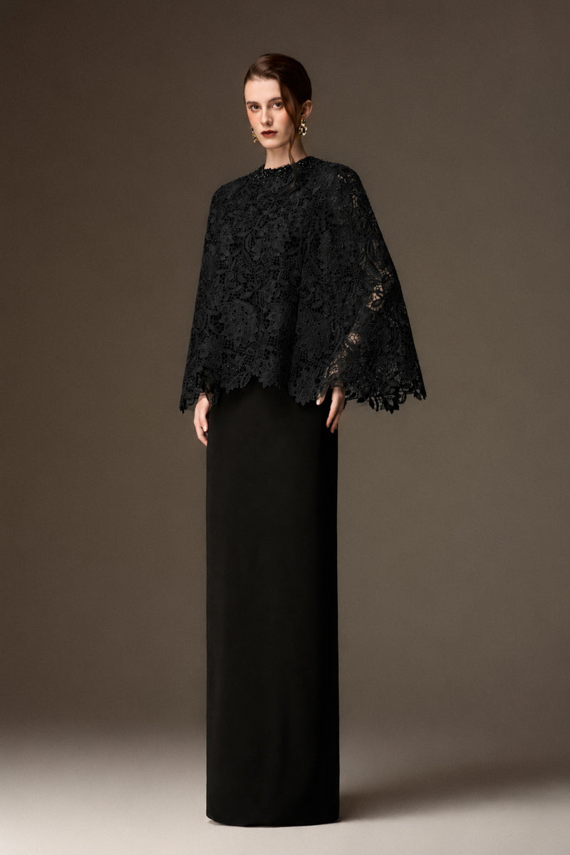 Round Neck Column Gown With Cape In Black Crepe And Black Lily Floral Lace