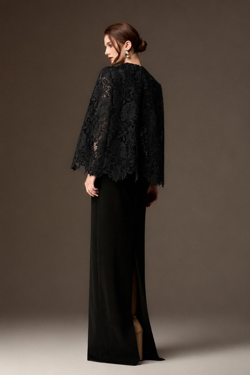 Round Neck Column Gown With Cape In Black Crepe And Black Lily Floral Lace
