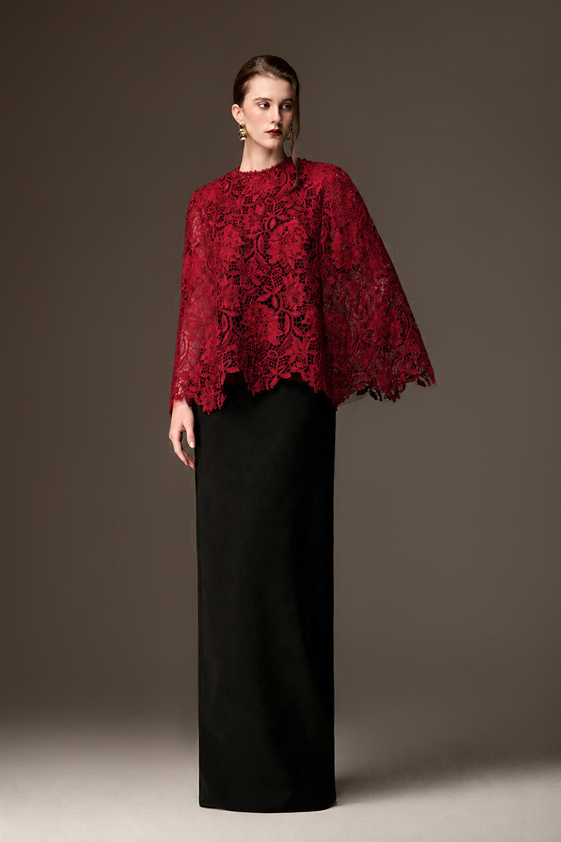 Round Neck Column Gown With Cape In Black Crepe And Dark Red Lily Floral Lace