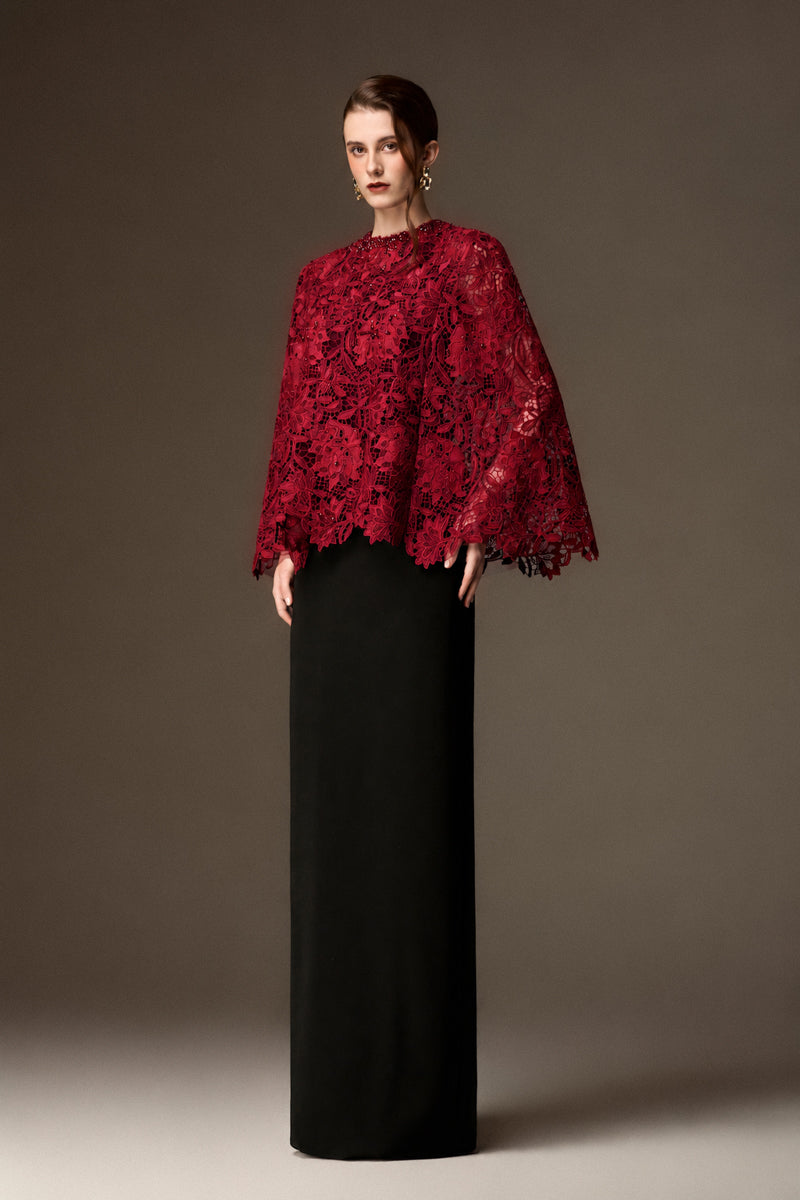 Round Neck Column Gown With Cape In Black Crepe And Dark Red Lily Floral Lace