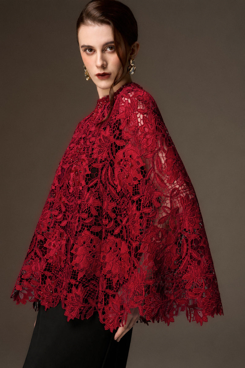 Round Neck Column Gown With Cape In Black Crepe And Dark Red Lily Floral Lace