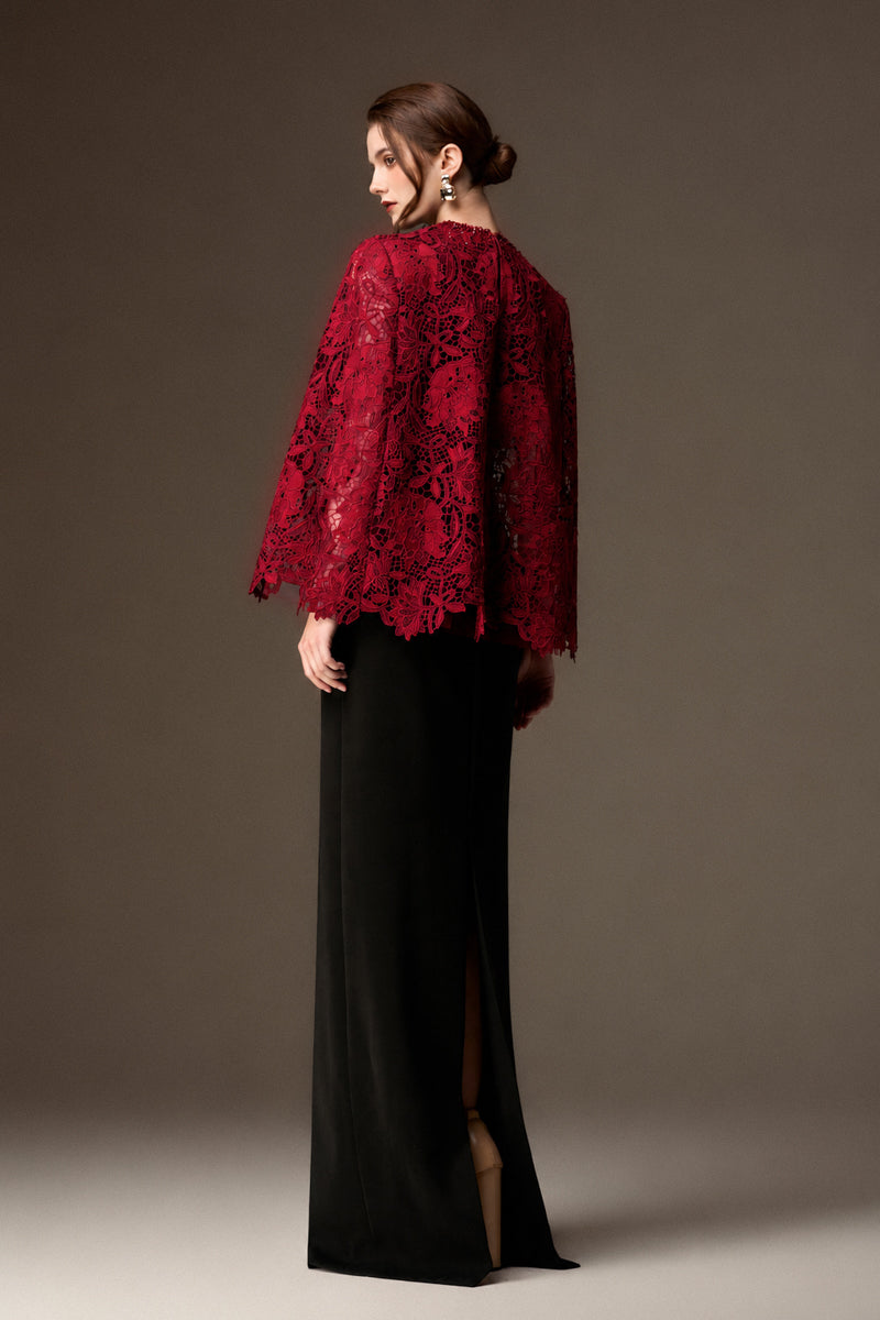 Round Neck Column Gown With Cape In Black Crepe And Dark Red Lily Floral Lace