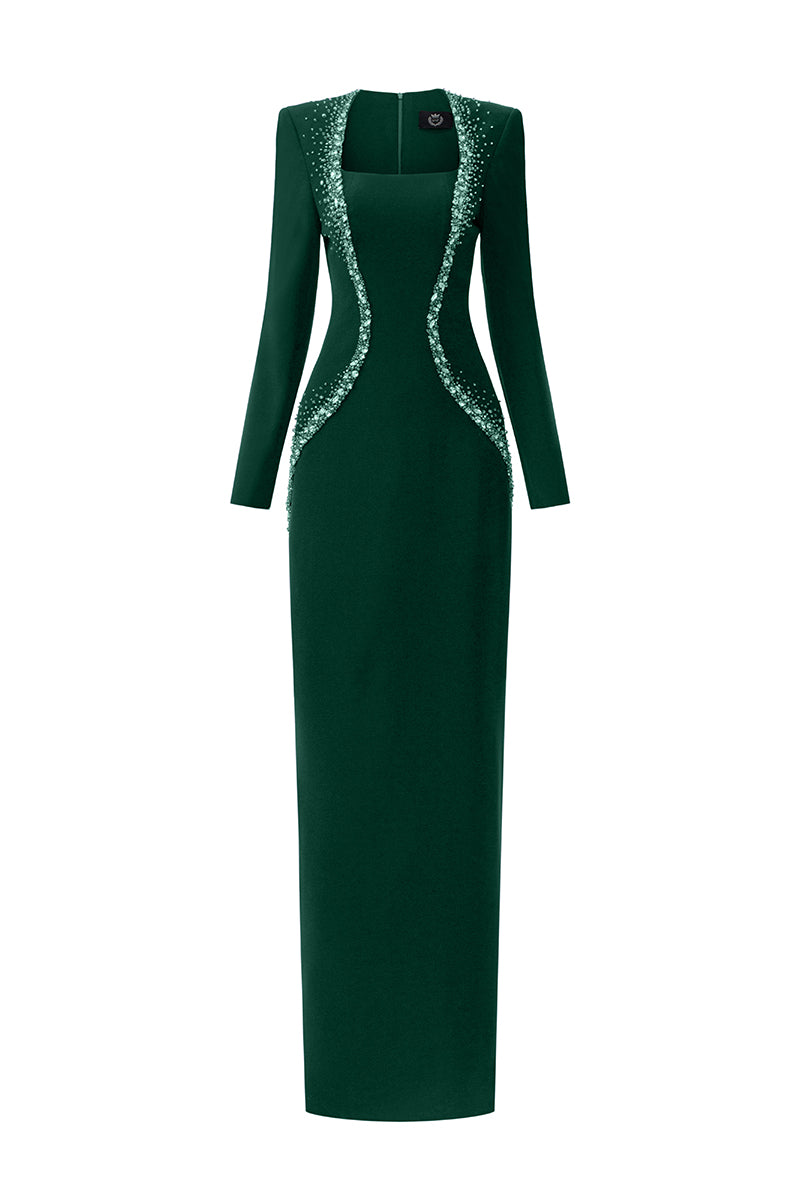 Embellished Trapeze Neck Column Gown With Long Sleeves
