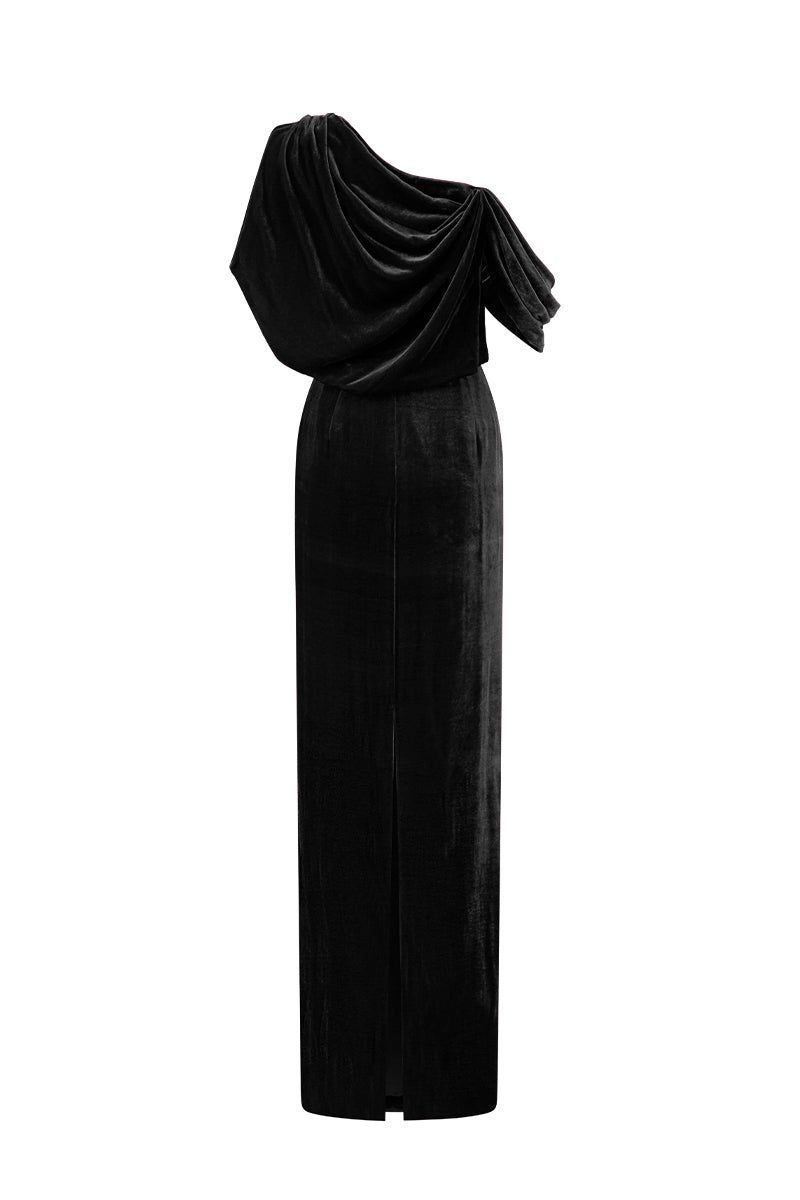 Asymmetric One Shoulder Column Gown With Draped Details In Black Velvet