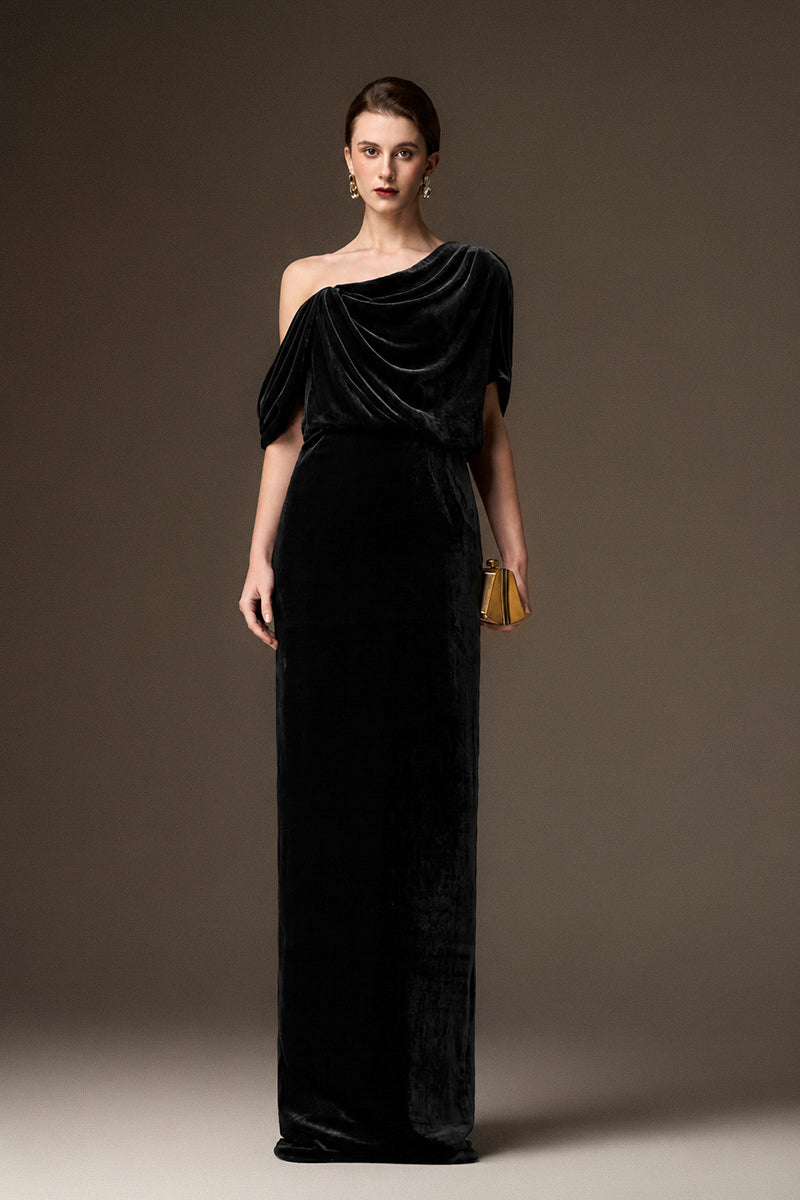 Asymmetric One Shoulder Column Gown With Draped Details In Black Velvet