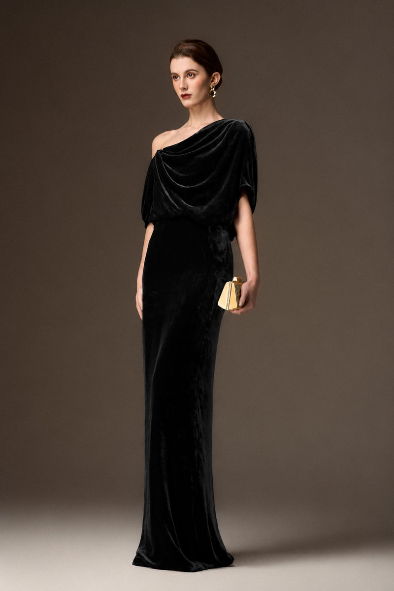 Asymmetric One Shoulder Column Gown With Draped Details In Black Velvet