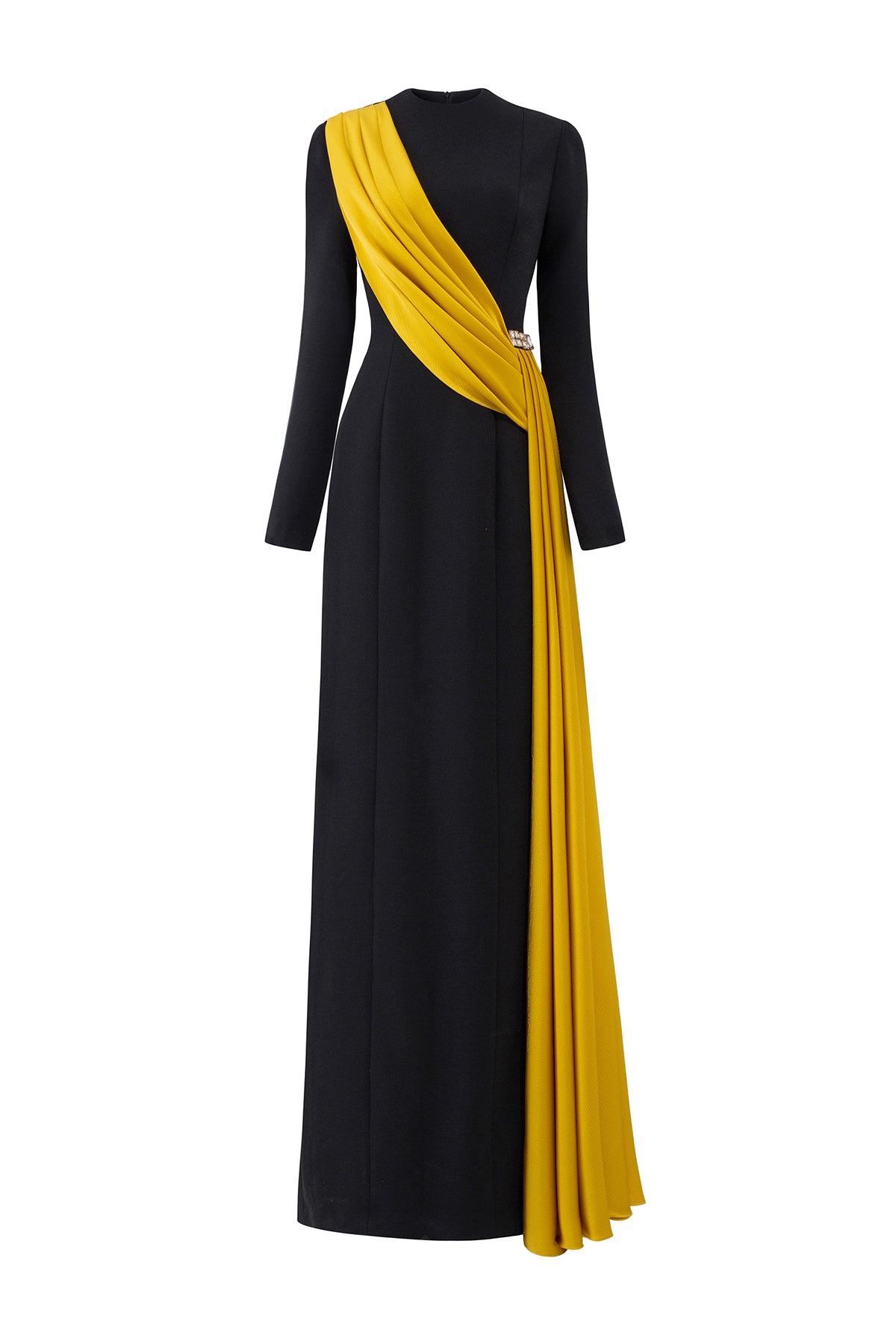 Round Neckline Gown With One Shoulder Fringed Draped Silk