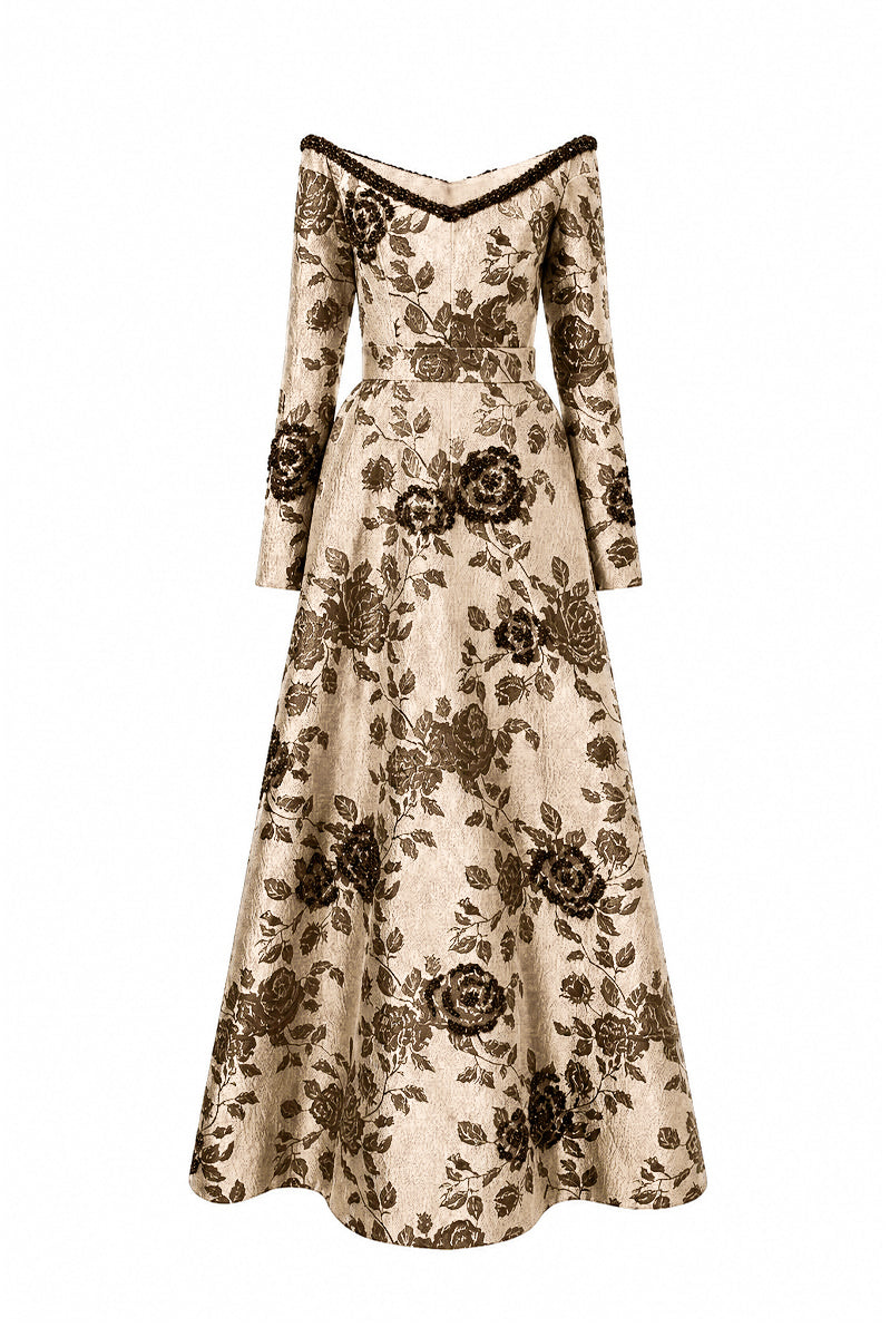 V Neck A-Line Gown With Rose-Shaped Crystal Embellishment In Brown Rose Branch Brocade