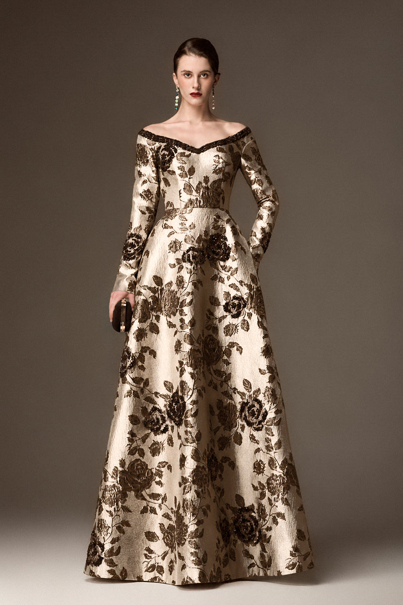 V Neck A-Line Gown With Rose-Shaped Crystal Embellishment In Brown Rose Branch Brocade