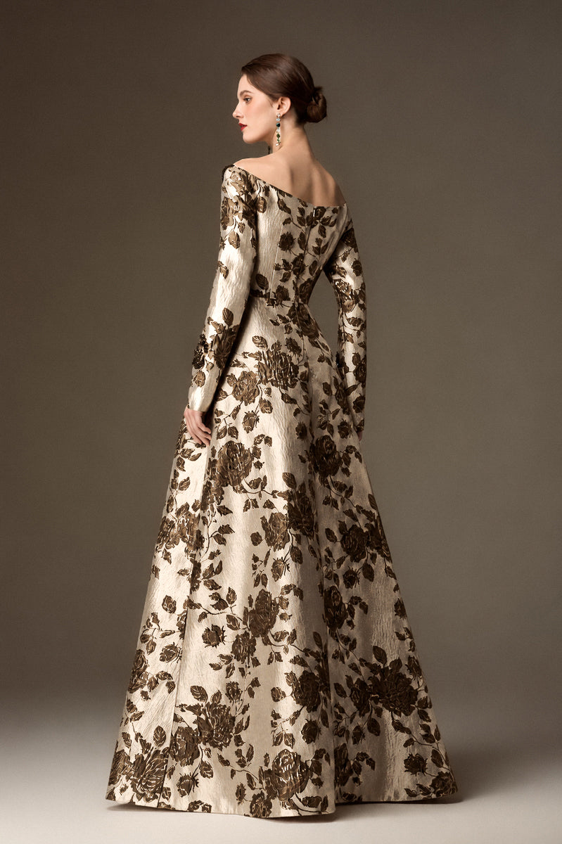 V Neck A-Line Gown With Rose-Shaped Crystal Embellishment In Brown Rose Branch Brocade