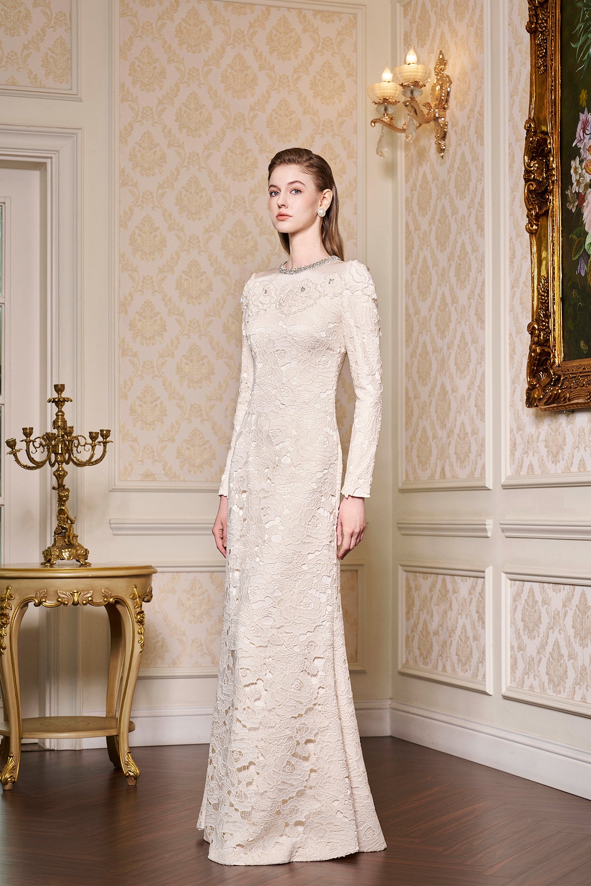 Round Neckline Mermaid Lace And Agate Silk Gown