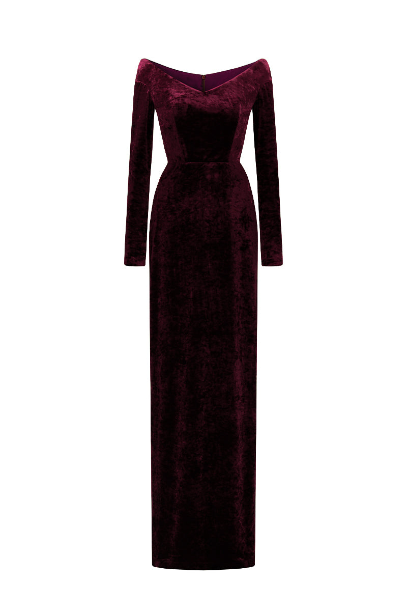 Long Sleeves Off-Shoulder Column Dress In Dark Pink Velvet