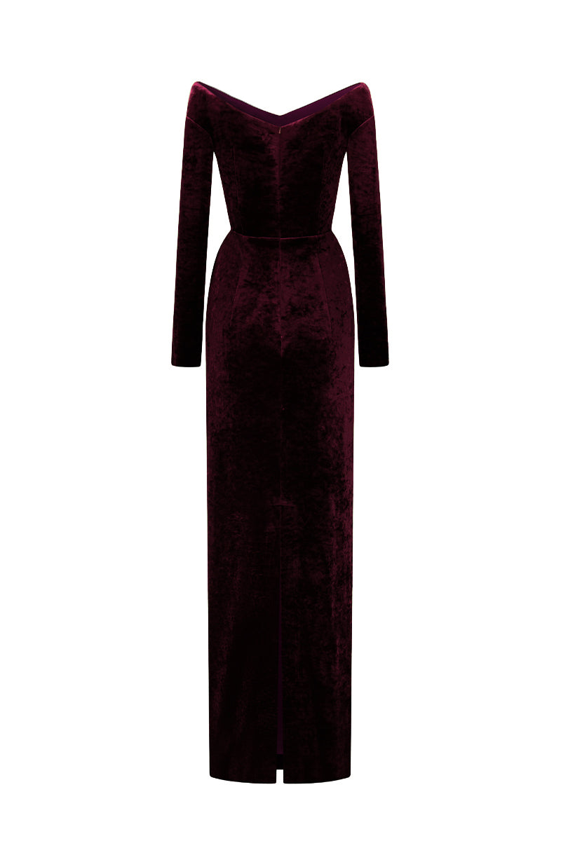 Long Sleeves Off-Shoulder Column Dress In Dark Pink Velvet