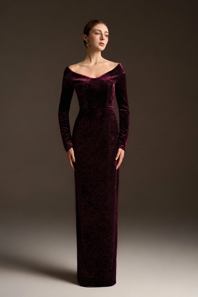 Long Sleeves Off-Shoulder Column Dress In Dark Pink Velvet