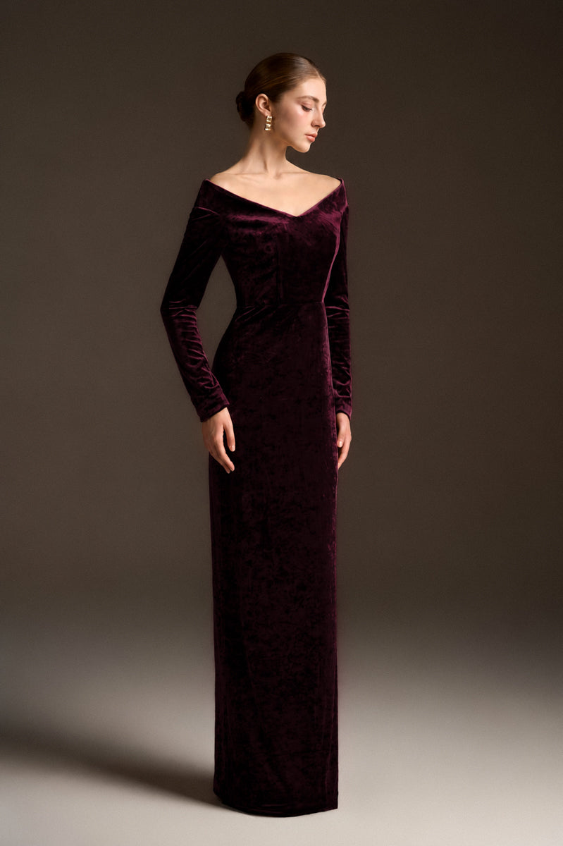 Long Sleeves Off-Shoulder Column Dress In Dark Pink Velvet