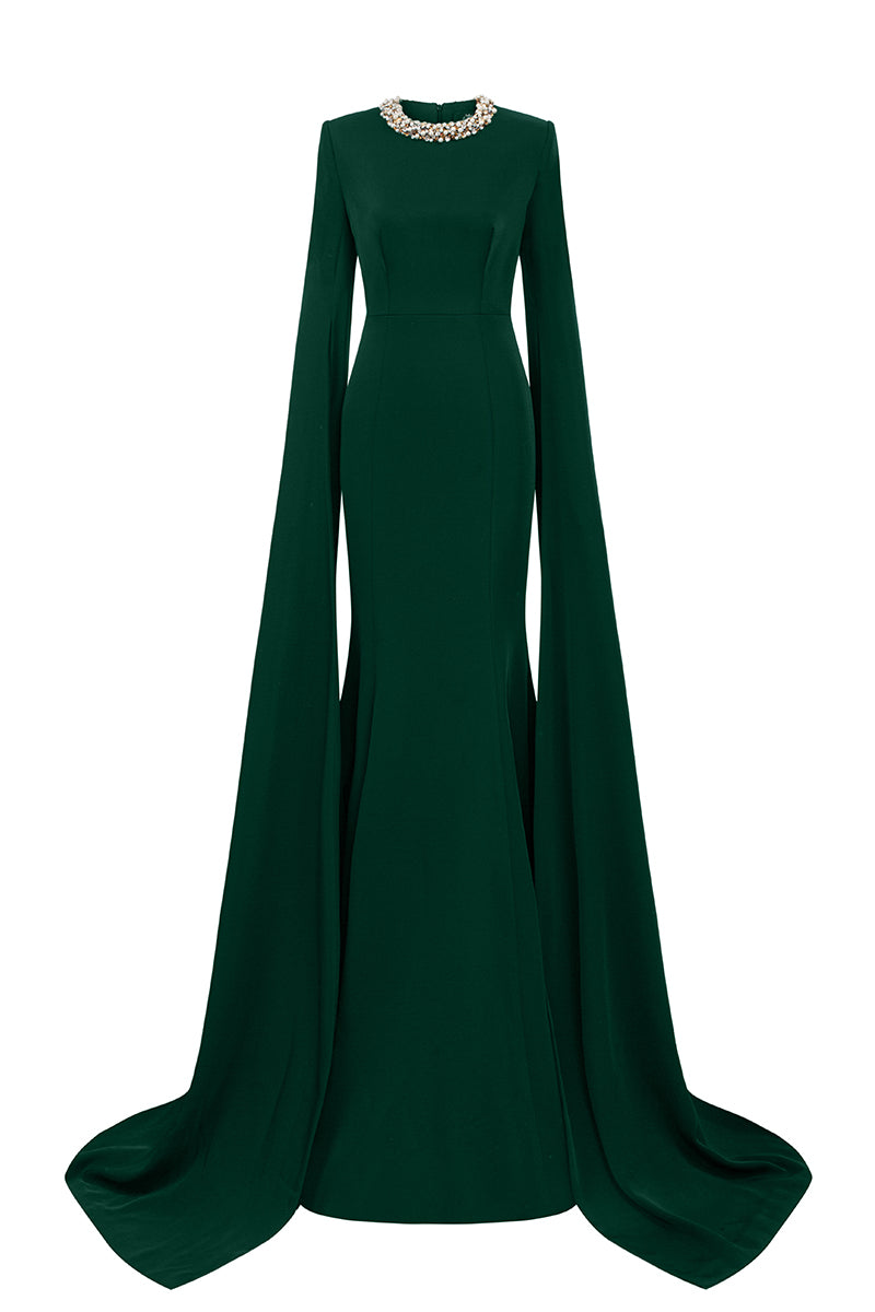 Mermaid Evening Gown With Round Neckline And Floor-Length Slit Sleeves