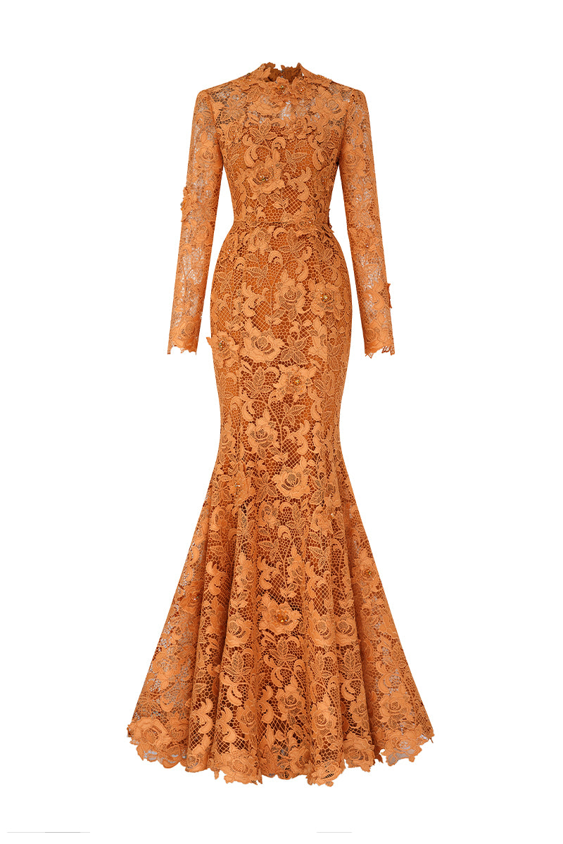 Round Neck Mermaid Gown With Long Sleeves In  Dark Orange Guipure Lace