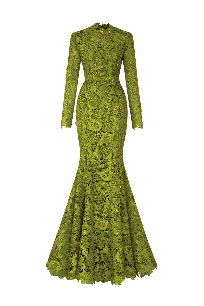 Round Neck Mermaid Gown With Long Sleeves In Green Guipure Lace