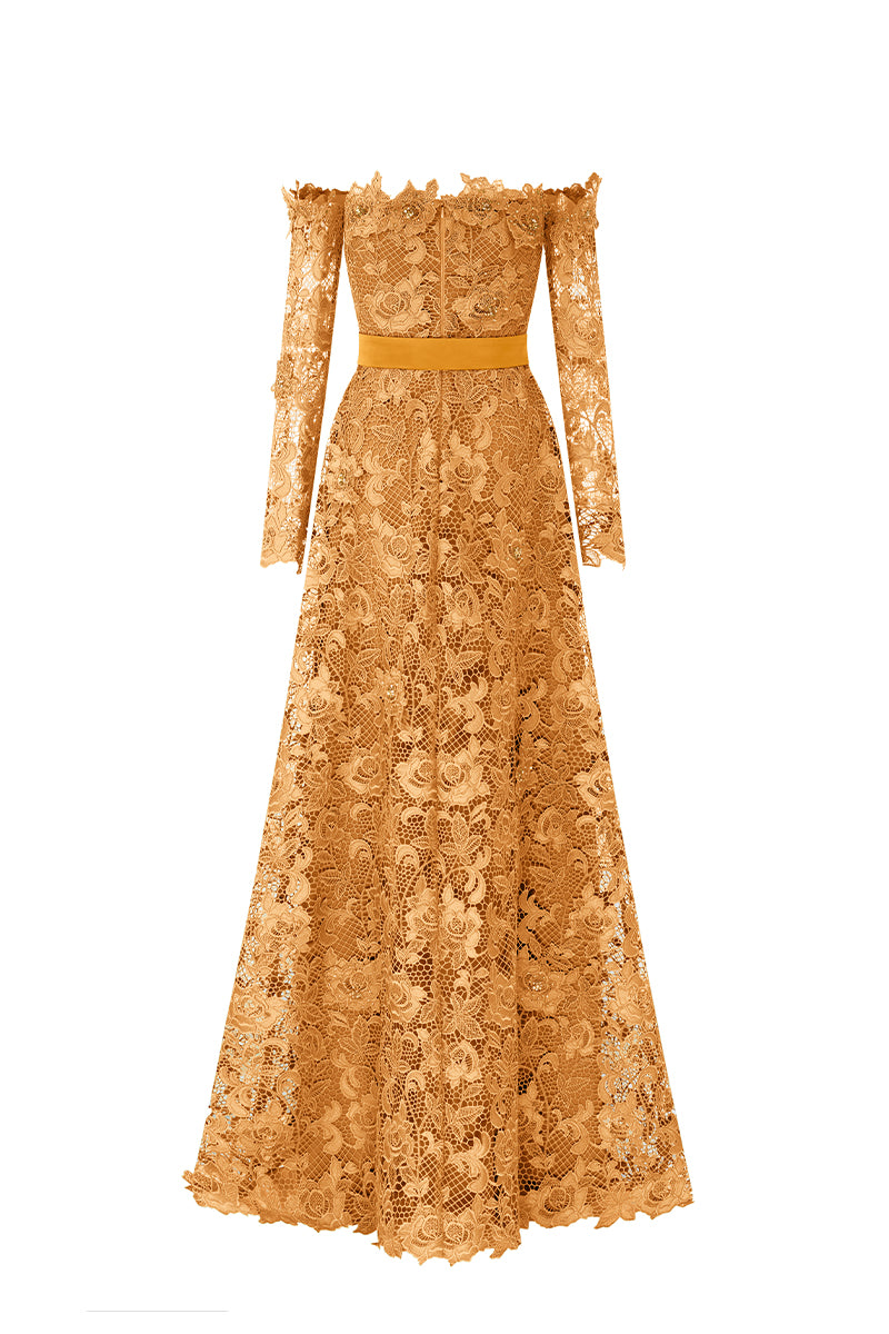 Yellow Long Sleeves Off-Shoulder A-Line Gown