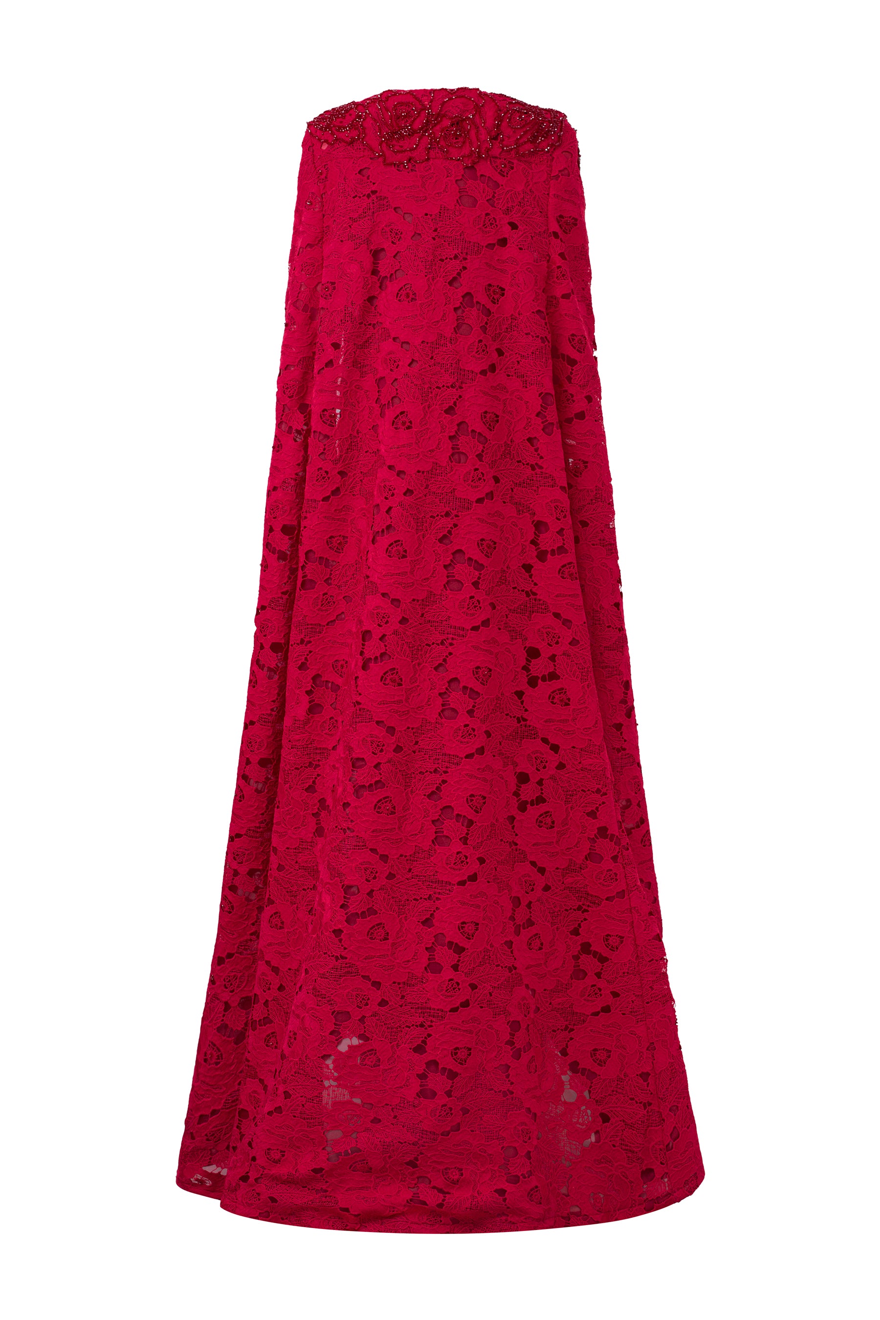 Round Neckline Sleeveless Column Gown With Long Lace Cape