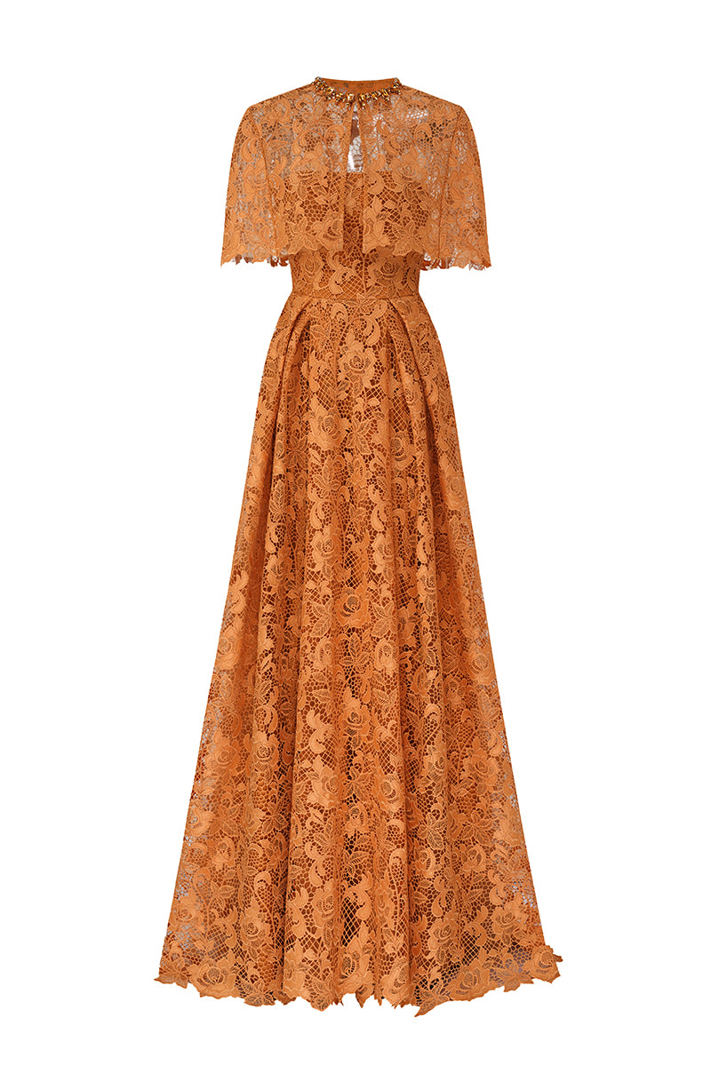 Bustier A-Line Gown With Mini Cape In Guipuire Lace