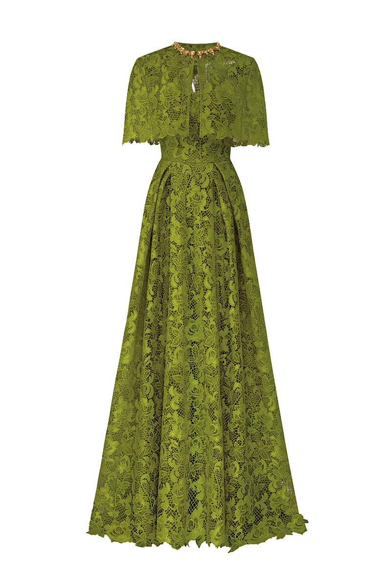 Burstier A-Line Gown With Mini Cape In Guipuire Lace