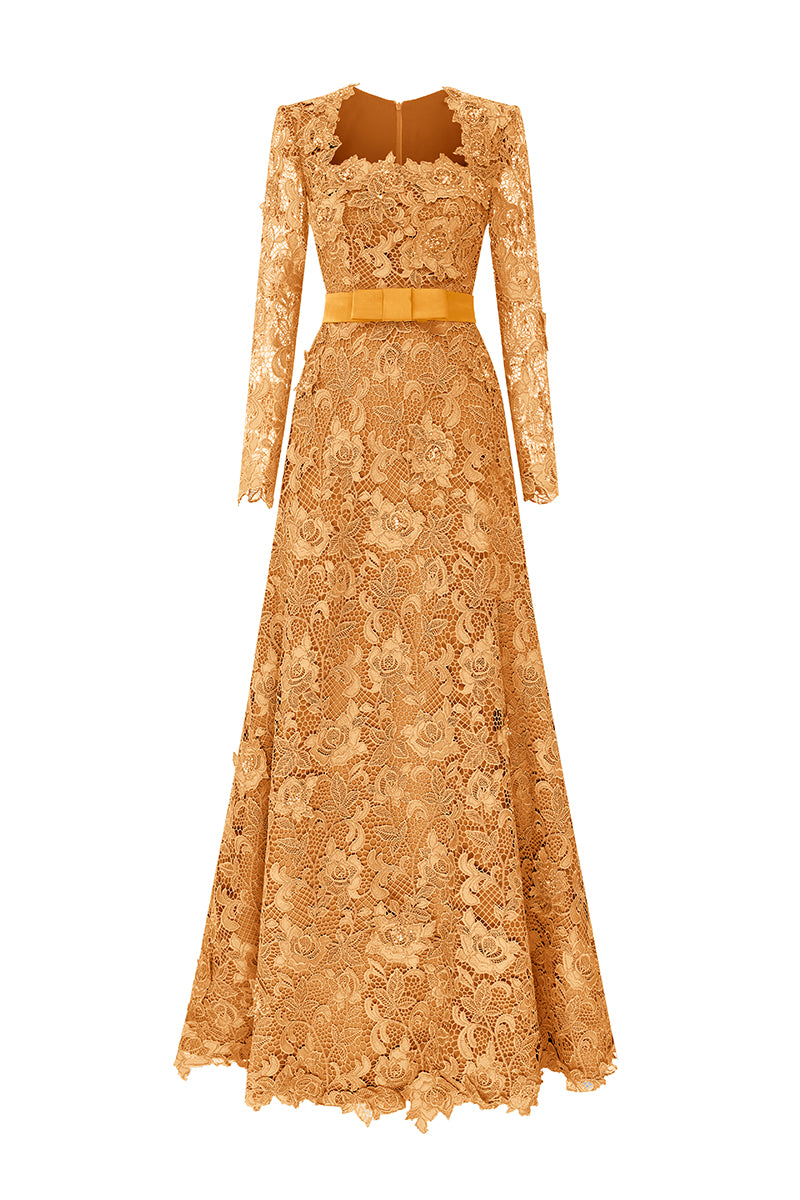 Trapeze Neck A-line Gown With Long Sleeves In Guipure Lace