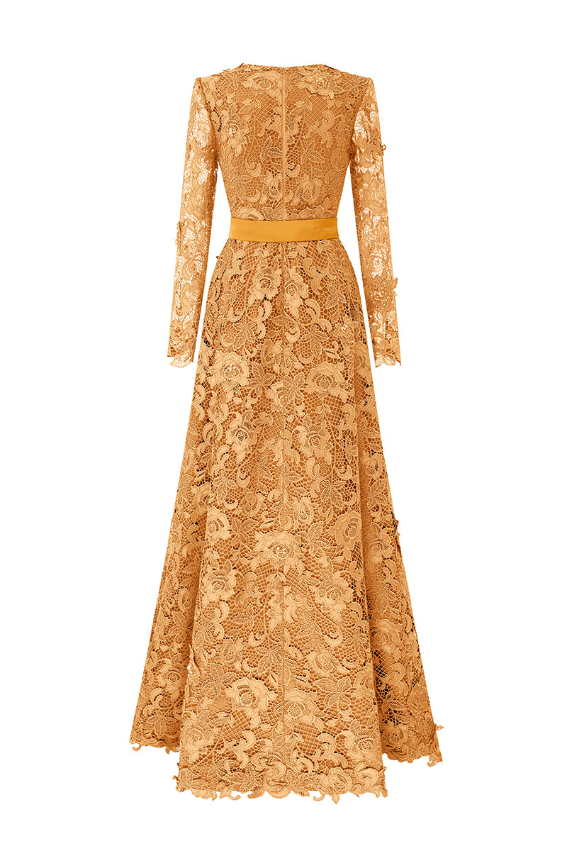 Trapeze Neck A-line Gown With Long Sleeves In Guipure Lace