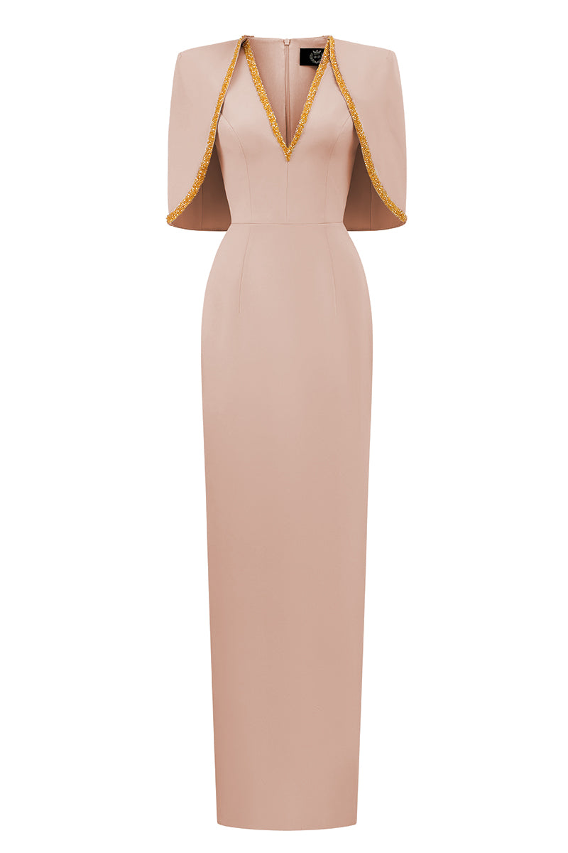 Beige Midi V-Neck Column Dress With Attached Cape Detail
