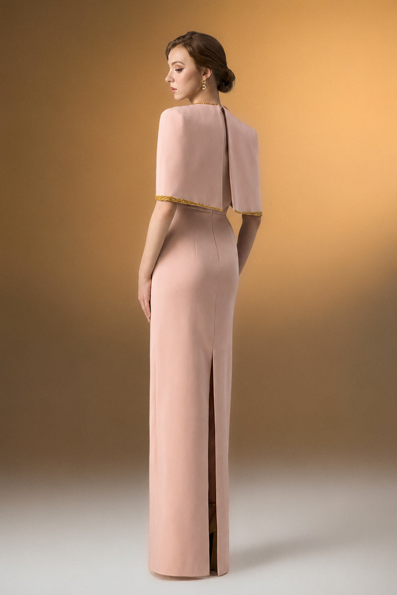 Beige Midi V-Neck Column Dress With Attached Cape Detail