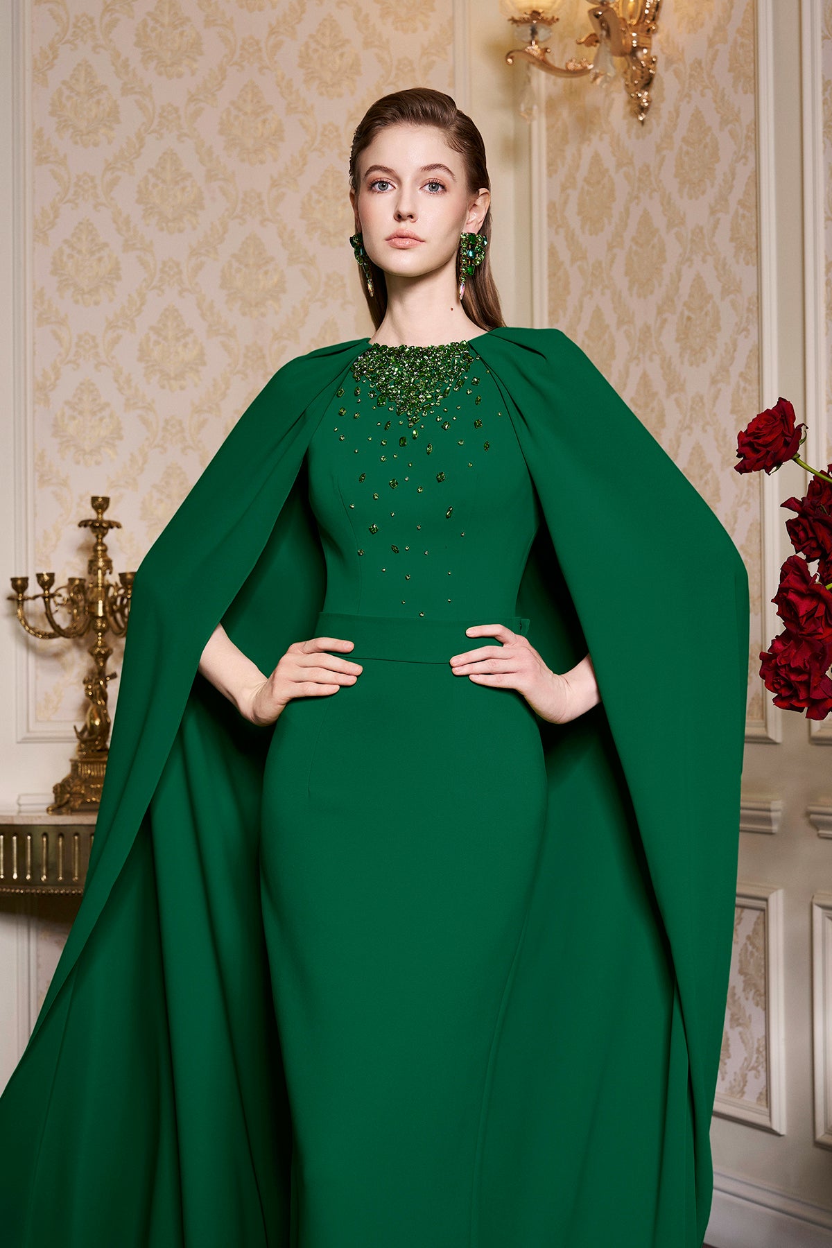 Green Collar Pleated Cape Dress