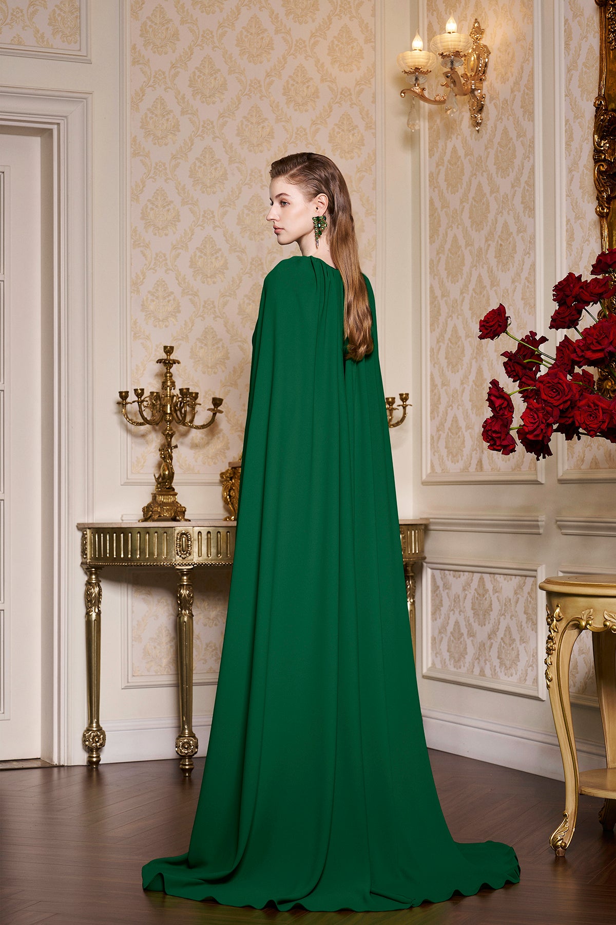 Green Collar Pleated Cape Dress