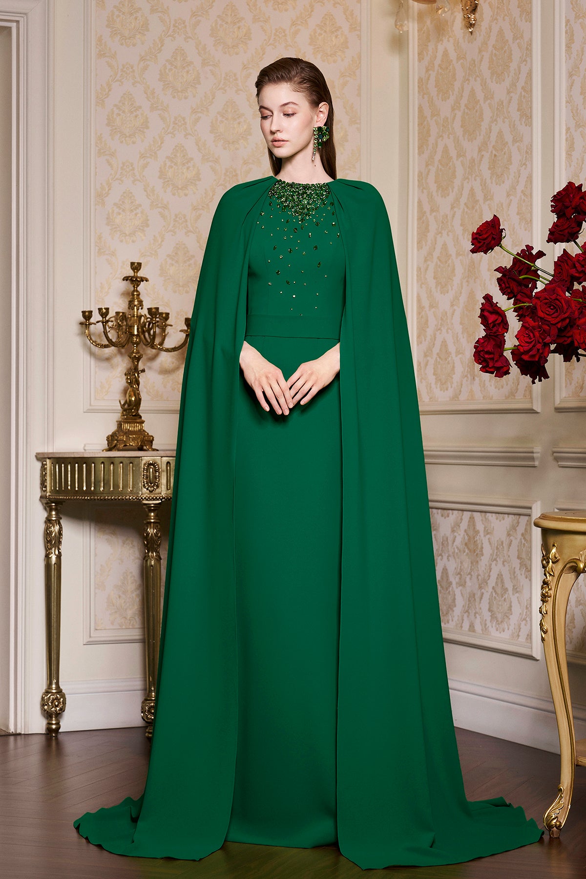 Green Collar Pleated Cape Dress