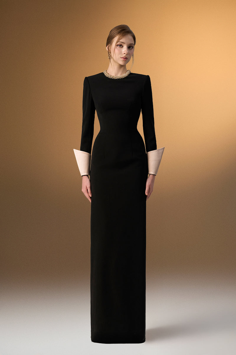 Black Crepe V-Neck Tie Dress And Silk Cuffs