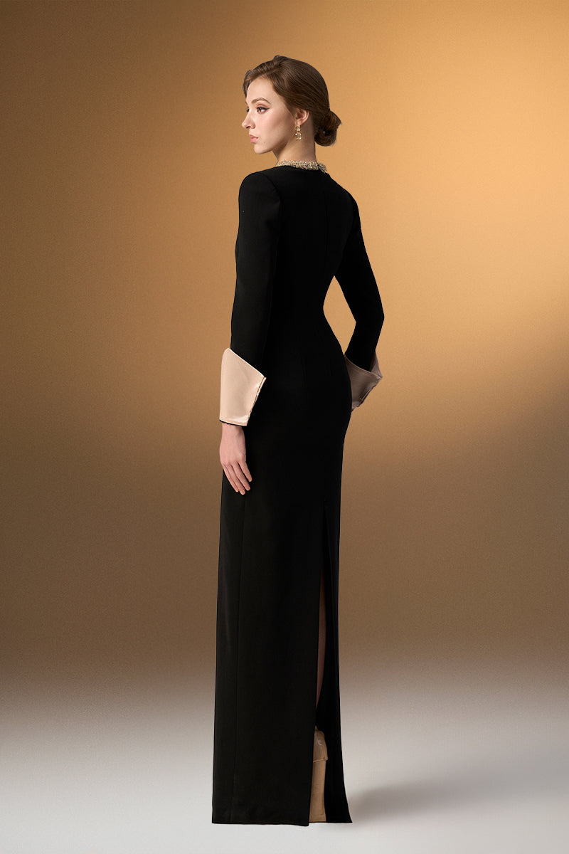 Black Crepe V-Neck Tie Dress And Silk Cuffs