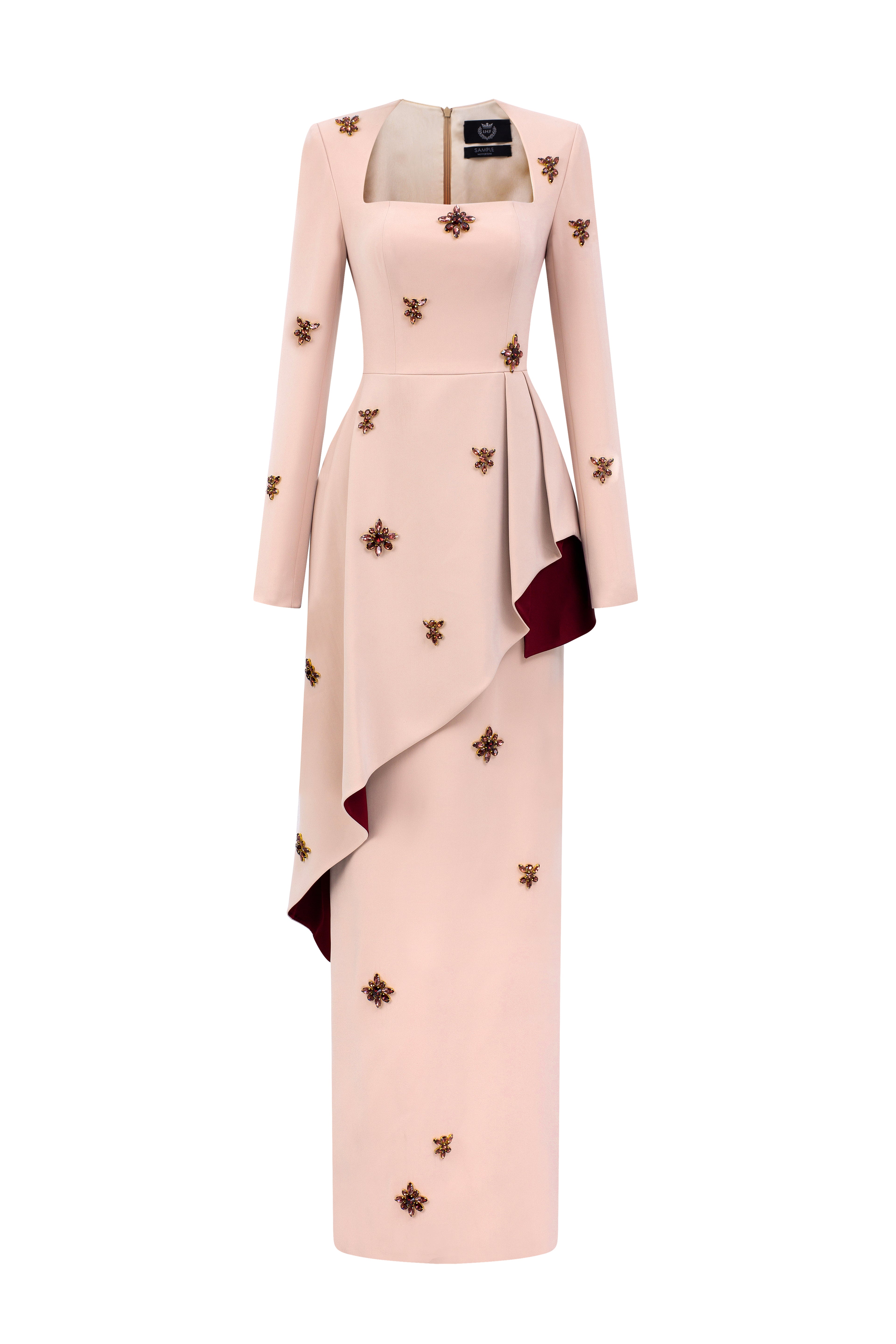 Beige Crepe Trapeze-Neck Tie Dress With Diagonal Hip Drape