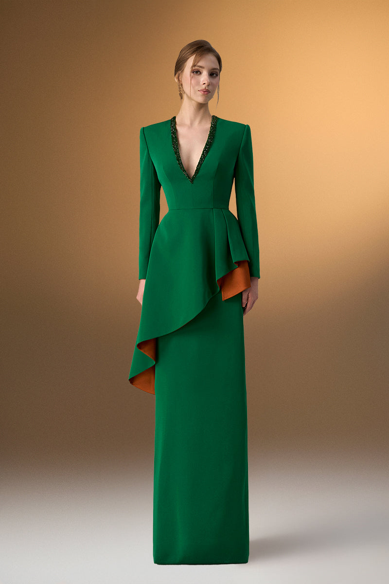 Green Crepe V-Neck Tie Dress With Diagonal Hip Drape