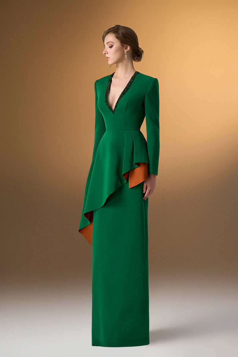 Green Crepe V-Neck Tie Dress With Diagonal Hip Drape