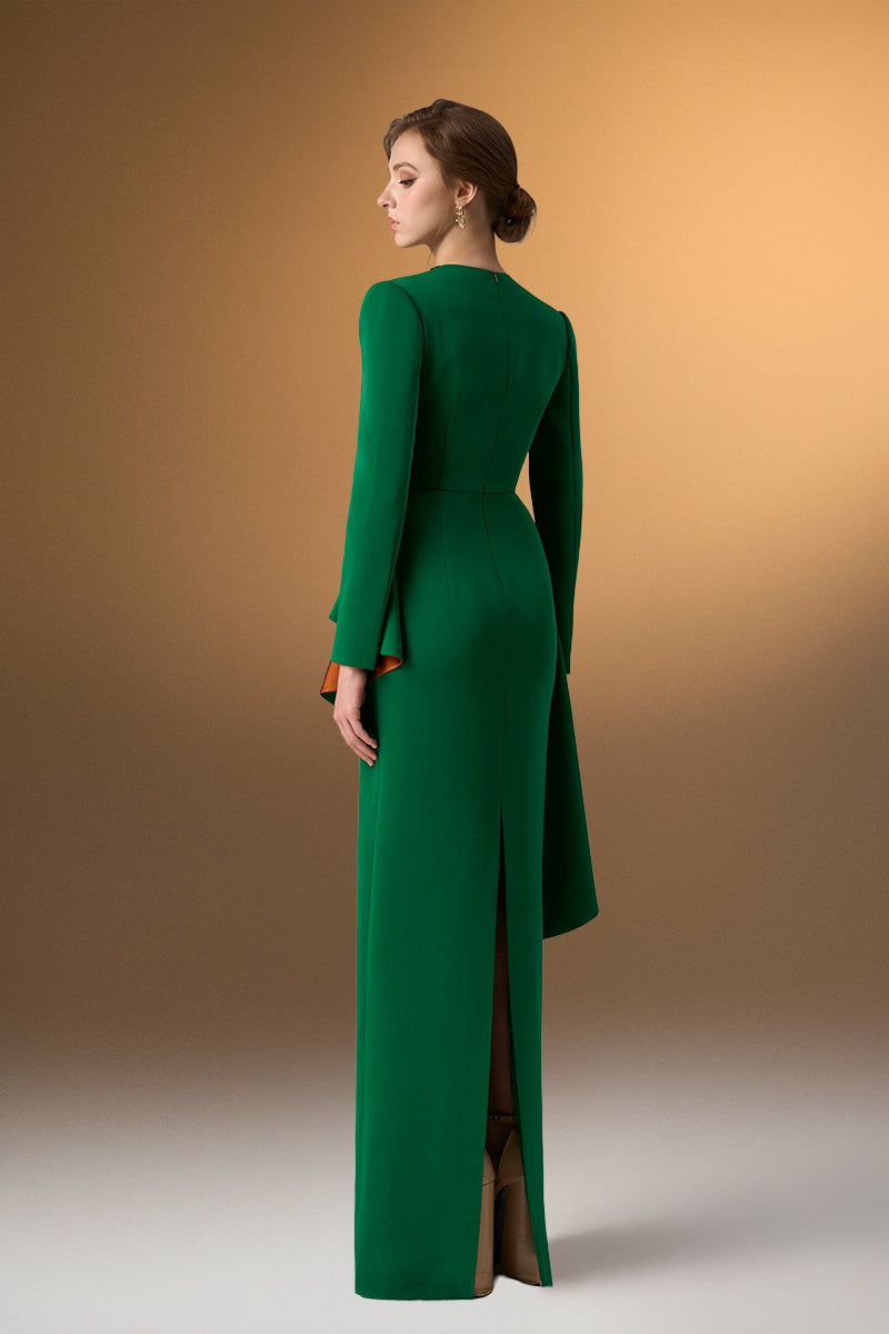 Green Crepe V-Neck Tie Dress With Diagonal Hip Drape