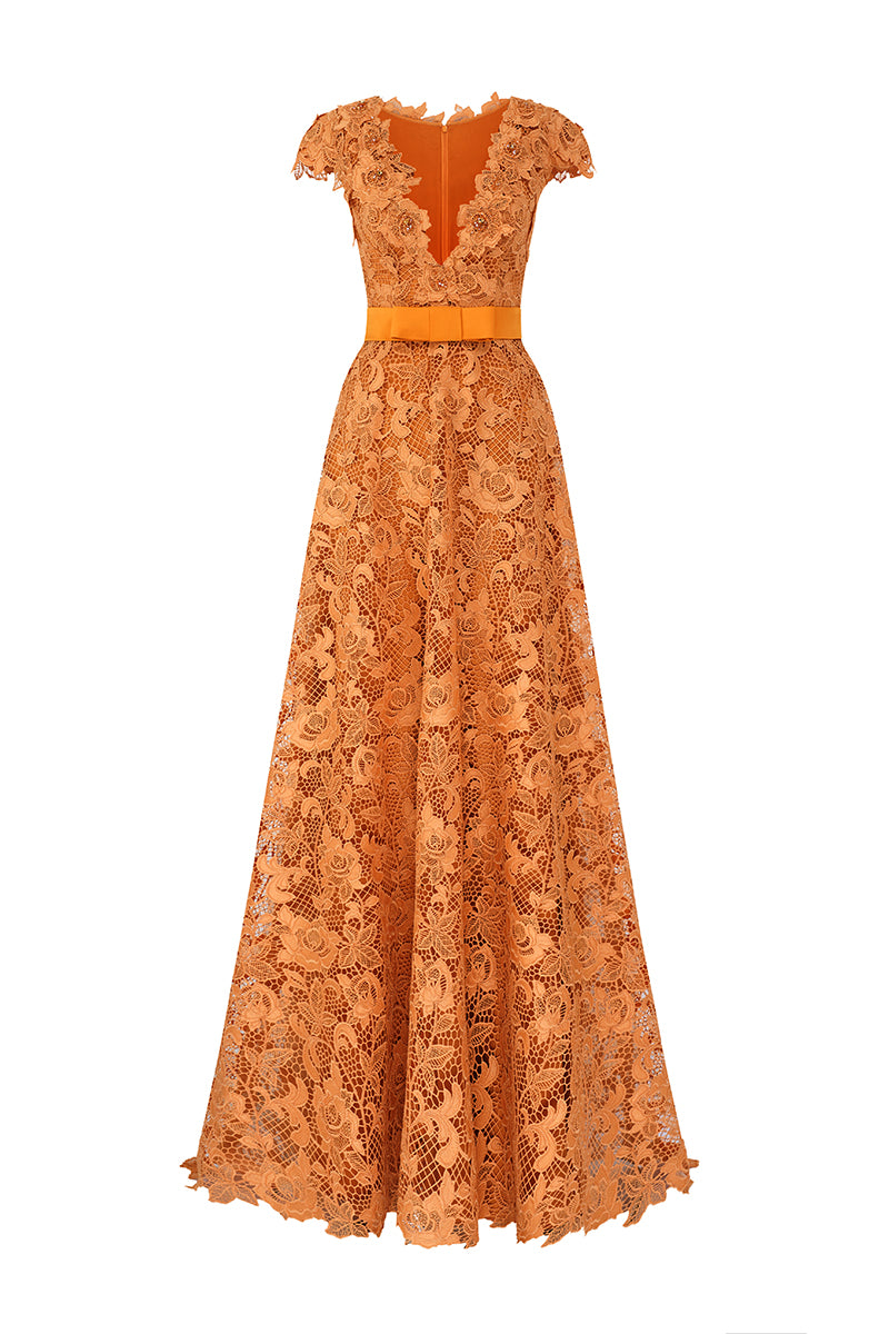 V-Neck Sleeveless A-Line Gown In Orange Guipure Lace
