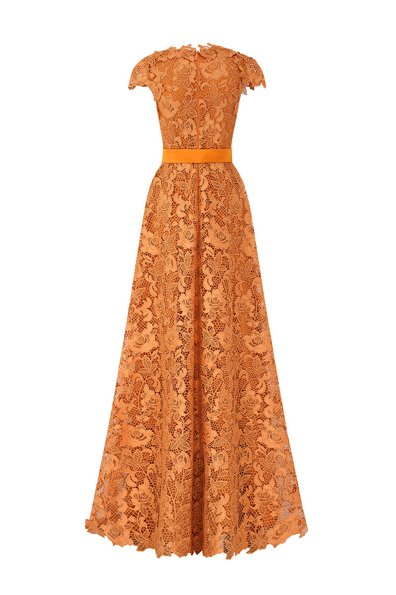 V-Neck Sleeveless A-Line Gown In Orange Guipure Lace