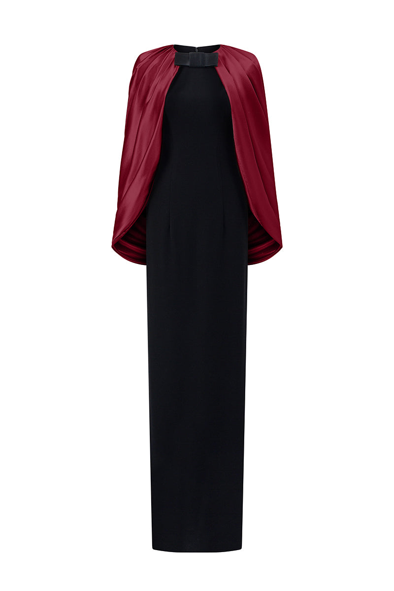 Round Neck Column Gown With Cape Sleeves In Black Crepe & Dark Red Silk