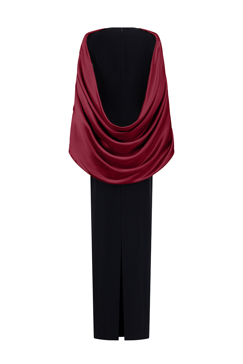 Round Neck Column Gown With Cape Sleeves In Black Crepe & Dark Red Silk